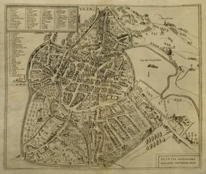 Karta över Vicenza, illustration från "Civitates Orbis Terrarum", ca 1580