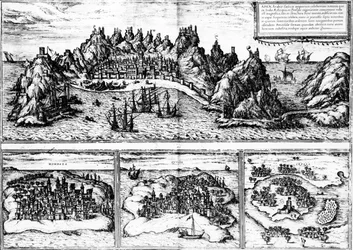 Utsikt över Aden, Mombaza, Quiloa och Cefala, från Georg Brauns "Civitates orbis terrarum", publicerad 1572