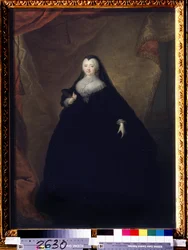 ""Porträtt av Elisabeth Petrovna (1709-1762) Rysslands kejsarinna under namnet Elisabeth I, dotter till Peter den store"" Hon är förklädd, håller en mask i handen. Målning av Georg-Christoph (Georg Christoph) Grooth (1716-1749) 1748 State Tretyakov G