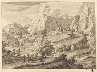Bergigt landskap med figurer och ett kloster