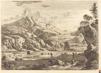 Bergigt flodlandskap med figurer