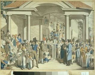Hälsogemenskap vid Karlsbaderfontänen, 1810 (akvatintteckning)