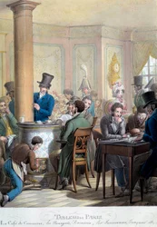 Table of Paris: utsikt över caféet du commerce: borgerligt pratar, spelar domino. Litografi av George Emanuel Opitz (1775-1841) 1800-talet. Paris, Musée Carnavalet