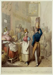 Tableau de Paris: rue de la rue Montorgueil och caférestaurang "Le Rocher de Cancale" i Paris. Gatuhandlare och förbipasserande. Litografi av tysken George Emanuel Opitz (1775-1841)