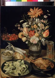 ""Stilleben med blommor, kyckling, timglas, oliver, körsbär och kål"" (Stilleben med blommor och mellanmål) Målning av Georg Flegel (1566-1638) 1630-1635 Dim. 52,5x41 cm Eremitagemuseet, Sankt Petersburg