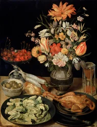 Stilleben med blommor och mellanmål, c1630-c1635