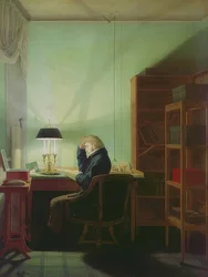 Läser med lampljus. 1814