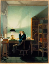 Man som läser i lampans sken (målning på duk)
