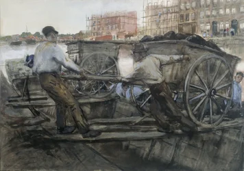 Arbetare som drar en tungt lastad vagn på Jacob van Lennepkade, Amsterdam, 1900