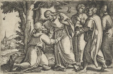 Kristus helar den spetälske, från historien om Kristus, 1534-35.
