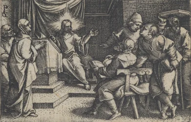 Kristus med läkarna i templet, från The Story of Christ, 1534-35.