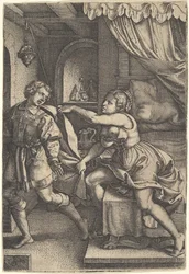 Josef går bort från Potifars hustru, som greppar om hans mantel med båda händerna när hon st..., 1546.