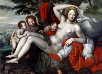 ""Leda and the Swan"" - Leda and the Swan av Pencz, Georg (Jorg) (1500/02-1550), mitten av 1500-talet. - Olja på trä, 92x126 - Museum of the Meadow, Madrid