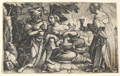 Lot och hans döttrar: en dotter i mitten vilar sin högra arm på Lots knä och en ve..., ca. 1531.