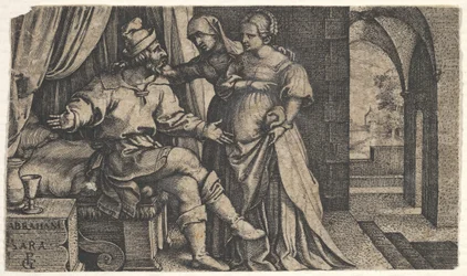 Sara presenterar Hagar för Abraham, som sitter vid fotändan av en säng, från serien The..., ca. 1543.