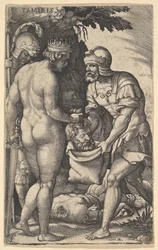 Tomyris, visad naken bakifrån, placerar Cyrus huvud i en säck som hålls av en soldat..., ca. 1539.