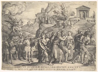 Triumph of Love: fyra hästar drar en vagn med Amor stående på en rykande plattform..., ca. 1539.