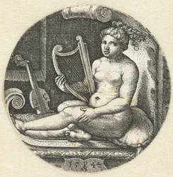 Sittande naken kvinna med en harpa; harpist