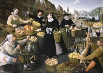 En allegori om hösten: ett frukt- och grönsaksstånd ovanför Weinmarkt i Frankfurt am Main
