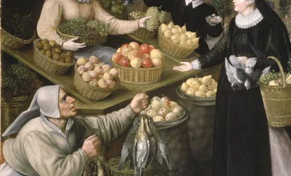 En allegori om hösten: ett frukt- och grönsaksstånd ovanför Weinmarkt i Frankfurt am Main