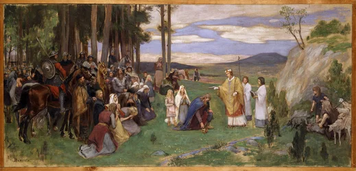 Anschaire (Oscar) de Breme (801-865) preche le christianisme en Scandinavie - Ansgar Preaching Christianity, av Pauli, Georg (1855-1935). Olja på duk. Mått: 64x136 cm. Nationalmuseum Stockholm