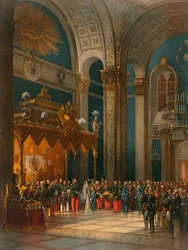 Kosackofficerarnas hyllning i tronsalen, kröningen av tsar Alexander II, Moskva, 1856.