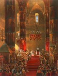Metropoliten böjer knä vid tsar Alexander II:s kröningsceremoni, Moskva, 1856.