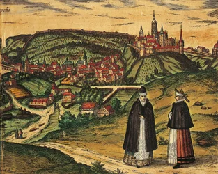 Tjeckien, Prag, Utsikt över staden med citadellet i bakgrunden, färggravyr från Civitates Orbis Terrarum av Georg Braun (1541-1622) och Franz Hogenberg (1535-1590)