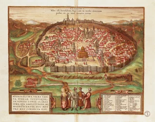 Israel och Palestina, Jerusalem, av Georg Braun och Franz Hogenberg, från Civitates Orbis Terrarum, färgstick