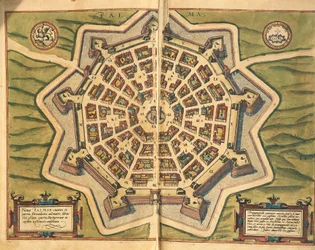 Italien, Palmanova, karta, gravyr från Civitates Orbis Terrarum av Georg Braun och Franz Hogenberg, verksam i Köln