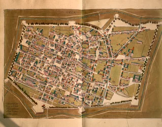 Lucca, mai Aai o le Lalolagi saunia e Georg Braun ma Franz Hogenberg, togitogiga