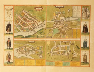 Karta över Galway, Dublin, Limerick och Cork från Civitates Orbis Terrarum av Georg Braun