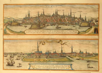 Karta över Lubeck och Hamburg från Cities of the World av Georg Braun