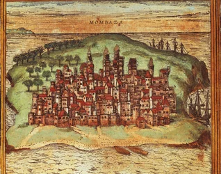 Karta över Mombasa, Kenya, gravyr av Georg Braun och Franz Hogenberg