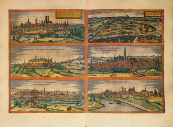 Karta över München, Ingolstadt, Freising, Nordlingen, Regensburg och Straubing, Tyskland, från Civitates Orbis Terrarum av Georg Braun