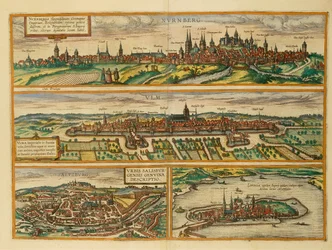 Karta över Nürnberg, Ulm, Salzburg och Lindau från Civitates Orbis Terrarum av Georg Braun
