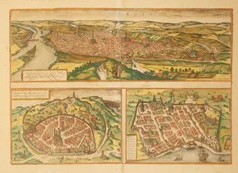Karta över Rouen, Nimes och Bordeaux från Cities of the World av Georg Braun