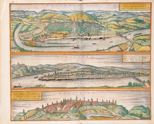 Karta över Trier, Koblenz och Rothenburg från Civitates Orbis Terrarum av Georg Braun