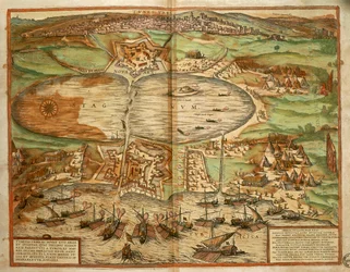Karta över Tunis, Tunisien, från världens stad av Georg Braun och Franz Hogenberg, gravyr