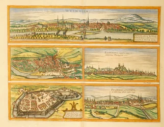 Karta över Weimar, Jena, Erfurt, Gotha och Fulda från Cities of the World av Georg Braun