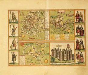 Karta över York, Shrewbury, Lancaster och Richmond Castle från Civitates Orbis Terrarum av George Braun