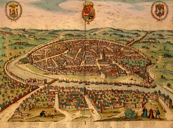 Spanien, Sevilla, Utsikt över staden, färggravyr från Civitates Orbis Terrarum av Georg Braun (1541-1622) och Franz Hogenberg (1535-1590)