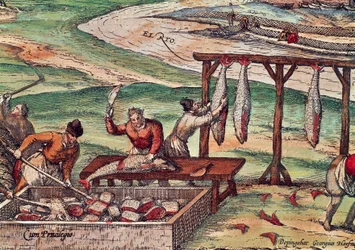 Tonfiskbearbetning, miniatyr från världsstäderna, av Georg Braun och Franz Hogenberg