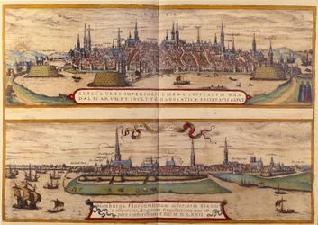 Uppifrån över staden Lubeck, nedanför staden Hamburg i Tyskland. Gravyr från atlasen över "Braun och Hogenberg" 1572