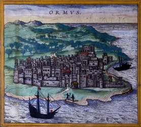Den iranska ön Ormuz eller Hormuz på vägen till Inderna efter Atlas "Civitates Orbis Terrarum" av Braun och Hogenberg