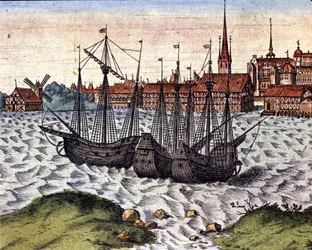 Hamnen i Lubeck efter Theatrum Orbis Terrarum i Braun och Hogenberg. 1600-talet.