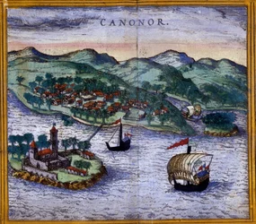 Utsikt över Canonor (eller Cannanore) i Indien från en upplaga av "Civitates Orbis Terrarum" av Braun och Hogenberg