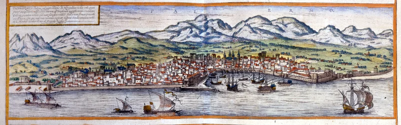 Utsikt över Palermo på Sicilien. Atlas över Braun & Hogenberg