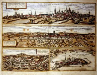 Vy över de tyska städerna Nürnberg och Ulm, Salzburg, Österrike. Gravyr från Atlas över "Braun och Hogenberg" 1572