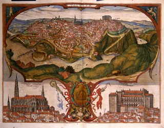 Utsikt över staden Toledo på 1500-talet. Gravyr av George Braun i "" Civitatis Orbis Terrarum"" Volym I skriven av Franz Hogenberg (1535-1590)